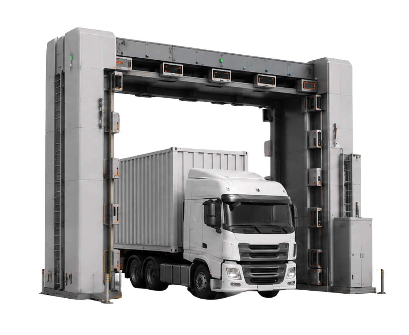Cargo truck passing through a large rectangular scanning gantry